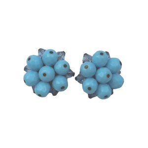 Vintage Pearl Craft Aqua Beaded Clip On Cluster Earrings Bead 54076